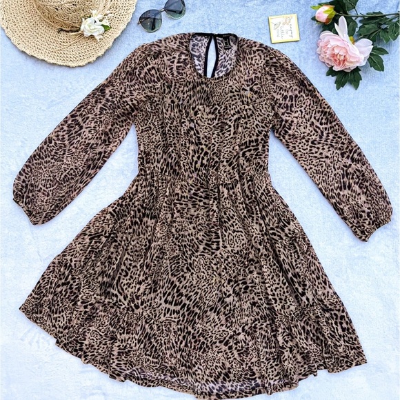 Forever 21 Leopard Print Midi Dress Sheer Crew Neck Long Sleeve - Picture 1 of 6